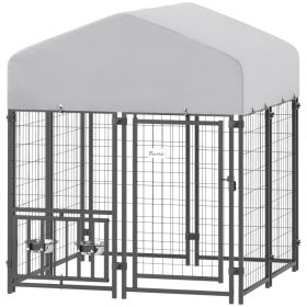 Welded Wire Outdoor Dog Kennel with 360° Rotating & 4 Levels Adjustable Bowls, Waterproof Cover, 3.9' x 3.9' x 4.5'