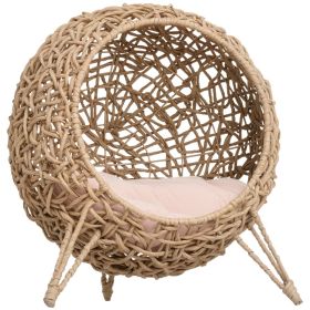 20.5" Weaved Cat Bed, Elevated Hand-woven Braided Banana Leaf Kitten House Condo with Cushion, Beige