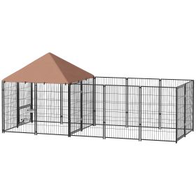 Large Outdoor Dog Kennel with Rotating & Adjustable Height Bowls, Waterproof & UV-Resistant Canopy, 11.3' x 4.7' x 5.1'