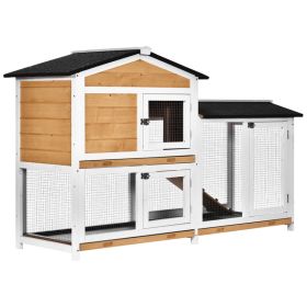 62" Rabbit Hutch, Wooden Bunny Hutch, Guinea Pig Cage, Small Animal Enclosure with Run Area, Removable Tray, Asphalt Roof, Lockable Doors and Ra