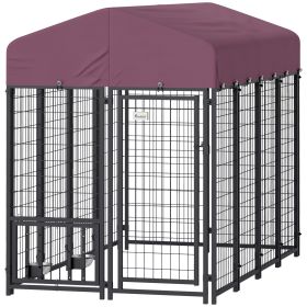 Welded Wire Outdoor Dog Kennel with 360° Rotating & 4 Levels Adjustable Bowls, Waterproof Cover, 7.9' x 4' x 6'