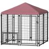 Welded Wire Outdoor Dog Kennel with 360° Rotating & 4 Levels Adjustable Bowls, Waterproof Cover, 4.6' x 4.6' x 5'