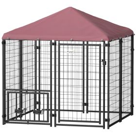 Welded Wire Outdoor Dog Kennel with 360° Rotating & 4 Levels Adjustable Bowls, Waterproof Cover, 4.6' x 4.6' x 5'