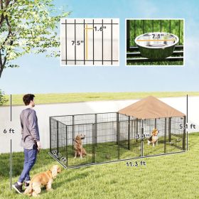 Large Outdoor Dog Kennel With Rotating & Adjustable Height Bowls, Waterproof & UV-Resistant Canopy