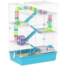 PawHut 6 Tier Hamster Cage With Tubes And Tunnels, Hut, Wheel, Food Dish, Water Bottle, Ramps, For Dwarf & Gerbil, Light Blue (Option: Light Blue)