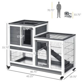 Wooden Rabbit Hutch Elevated Bunny Cage Indoor Small Animal Habitat With Enclosed Run With Wheels, Ramp, Removable Tray For Rabbits, Chickens, Du (Option: Gray and White)