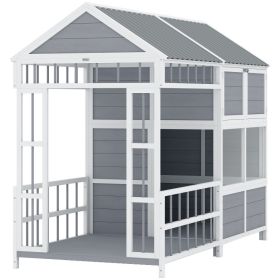 79"L Large Dog House Outdoor, Wooden Dog Kennel with Porch, Storage Cabinet,Weatherproof Roof, Windows (Option: Gray-1050x450x550 mm)