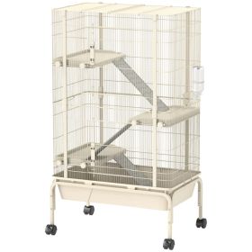 47inch Small Animal Cage, 4 Levels Large Rolling Metal Ferret Cage W 5.9Deep Tray, Ramps, Water Bottle, Food Dish, Beige (Option: Beige)