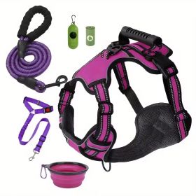 Tactical Service Dog Harness Strap Set, Car Seat Belt, Collapsible Bowl, Biodegradable Trash Bag Set For Dogs (Option: Purple-S)