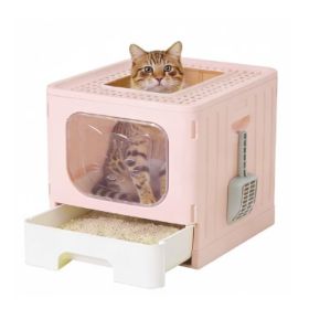 Covered Cat Litter Box, Large Foldable Cat Litter Box With Cat Litter Scoop  Easy-to-clean Drawer Design (Option: Pink)