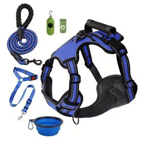 Tactical Service Dog Harness Strap Set, Car Seat Belt, Collapsible Bowl, Biodegradable Trash Bag Set For Dogs (Option: Blue-S)