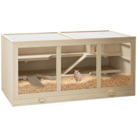 45" Extra Large Wooden Hamster Cage, 3-Layer Rat Cage with Opening Roof, PVC Window, Small Animal Habitat for Gerbil, Dwarf & Syrian Hamsters, N (Option: natural-1215x185x608 mm)