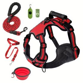 Tactical Service Dog Harness Strap Set, Car Seat Belt, Collapsible Bowl, Biodegradable Trash Bag Set For Dogs (Option: Red-M)