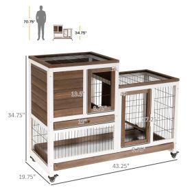 PawHut Wooden Rabbit Hutch Elevated Bunny Cage Indoor Small Animal Habitat With Enclosed Run With Wheels, Ramp, Removable Tray For Rabbits, Chick (Option: Brown and White)