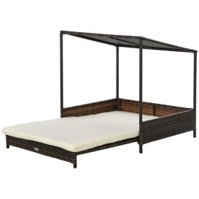 Outdoor Dog Bed, Extendable Wicker Dog Bed with Roof, Soft Cushion for Small and Medium Dogs, Mixed-Brown (Option: Mixed-brown-880x730x210 mm)