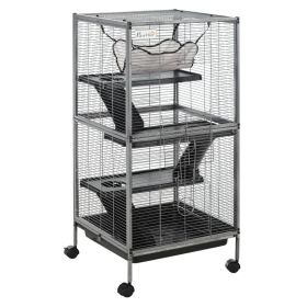 PawHut Metal Small Animal Cage Rolling Big Ferret Cage, Chinchilla Cage, Sugar Glider Cage, With Hammock & 4 Tiers, Removable Tray, Gray (Option: Gray)